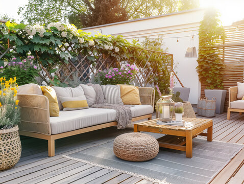 Sch&ouml;ne Terrasse mit Sitzecke und Kissen auf der Couch und Blument&ouml;pfen. Sommerliches Licht. Im Hintergrund eine Sichtschutzwand. Helles Holz.