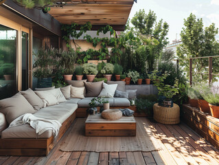 Fototapeta premium Schöne Terrasse mit Sitzecke und Kissen auf der Couch und Blumentöpfen. Sommerliches Licht. Im Hintergrund eine Sichtschutzwand. Helles Holz.