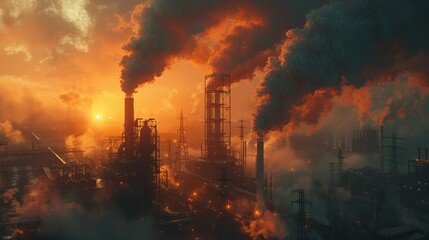 Obraz premium factory danngerous smoke with sunset of drone shot 