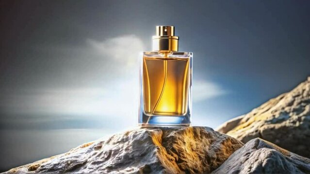 Animation, a bottle of perfume standing isolated on a stone in a light white haze on a blue background.