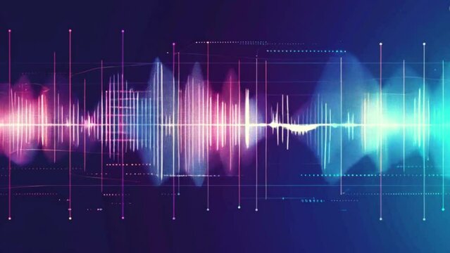 Animated multi-colored sound wave with peaks and troughs indicating high and low frequency zones, on a blue background.