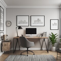 A desk with a computer and a plant in front of it image art photo used for printing.