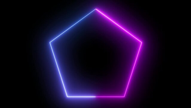 Neon pentagon lights in dark abstract space.