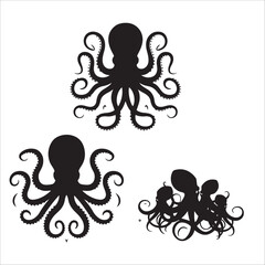 A collection of four distinctive black and white octopus silhouettes