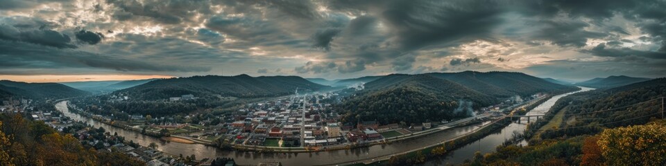 Fototapeta premium Panoramic Aerial View of Cumberland Maryland City Landscape, Overlooking the Potomac River