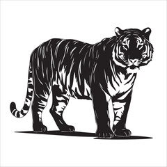 Silhouette of a Tiger with intricate body details on a White background.