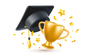 Vector illustration of black graduate cap and golden shine winner cup on white background. 3d style design of congratulation graduates 2024 class with graduation hat and star
