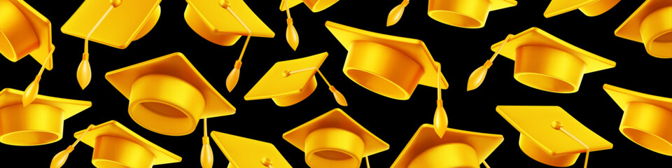 Vector illustration of golden shine graduate cap on black background. Caps thrown up pattern. 3d style design of congratulation graduates 2024 class with graduation hat