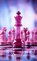 Chess queen standing prominently among pawns on reflective surface with purple hue. Strategic leadership theme. Design for business strategy presentations, game theory education.