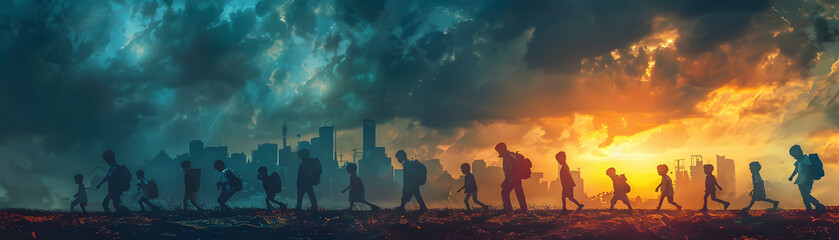Fototapeta premium Surreal Silhouettes on Horizon Symbolize Struggle and Hope for a Better Future on World Day Against