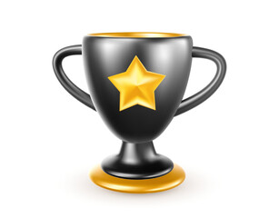 Vector illustration of black and golden color winner cup on white background with shadow. 3d style design of shine champion cup with star. First place award