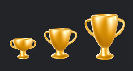 Vector set of illustration of  shine golden color winner cup of different size on black background. 3d style design of champion cup. First place award