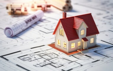 A house is shown on top of a blueprint. The house is red and white and has a pitched roof. The house is small and he is a model. The blueprint is large and covers most of the image