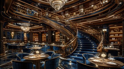Obraz premium Luxurious cruise ship restaurant interior design with crystal chandeliers, blue velvet chairs and spiral staircase. High resolution photo realistic style. , cinematic, hyperrealistic,