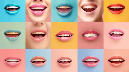 Fototapeta premium Collection of women's smiling mouths on pastel backgrounds.