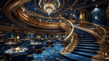Obraz premium Luxurious cruise ship restaurant interior design with crystal chandeliers, blue velvet chairs and spiral staircase. High resolution photo realistic style. , cinematic, hyperrealistic,
