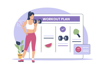 Workout plan checklist concept. Healthy diet plan schedule checklist. Flat illustration concept
