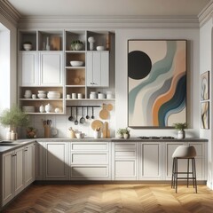 A kitchen have mockup poster empty white with white cabinets and a painting image realistic harmony lively used for printing illustrator.