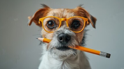 jack russell dog with pencil or pen in mouth wearing nerd glasses for work as a boss or secretary ,...