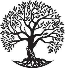 line art nature logo vector design oak tree inside circle, abstract tree logo symbol inside circle
