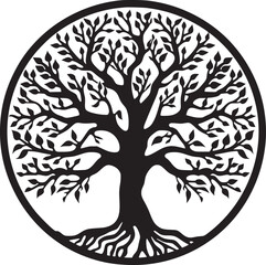line art nature logo vector design oak tree inside circle, abstract tree logo symbol inside circle
