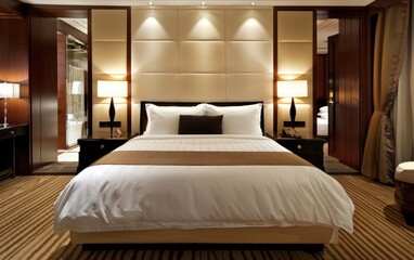 A large bed with a brown and white bedspread and pillows. The room is well lit and has a luxurious feel