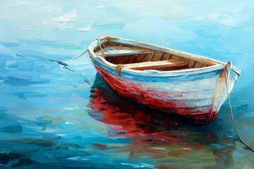 Obraz premium Tranquil and serene watercolor boat scene with bright blue reflections on the calm sea. Showcasing a single artistic vessel moored in a picturesque maritime setting