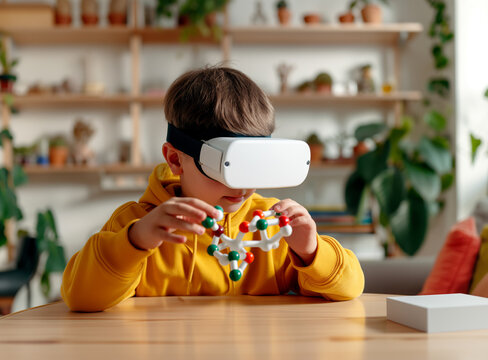 child learning chemistry while playing with a molecule  3D model and using a VR headset