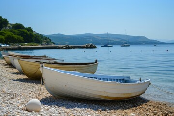 Calm beach with rowboats on shore and sailboats in the distance on a clear day