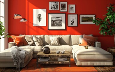 A living room with a red wall and a white couch. The couch is a sectional and has a white pillow on it. There are several framed pictures on the wall, including one with a leaf