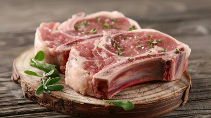 Fototapeta premium Uncooked Center Cut Pork Chops on Wooden Surface. Closeup of Three Juicy Pork Chops Ready