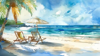 Relaxing watercolor painting depicting a tranquil moment on a beach holiday