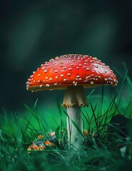 A red mushroom with white spots growing in the forest grass.