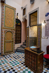 Riad, traditional Moroccan houses, detail of the central courtyard.  Historic medina of Fes. 
