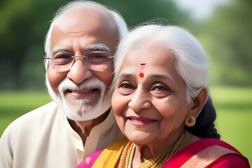 a portrait of a beautiful senior, married, happy, east indian, couple. In love. man. Woman. traditional clothing