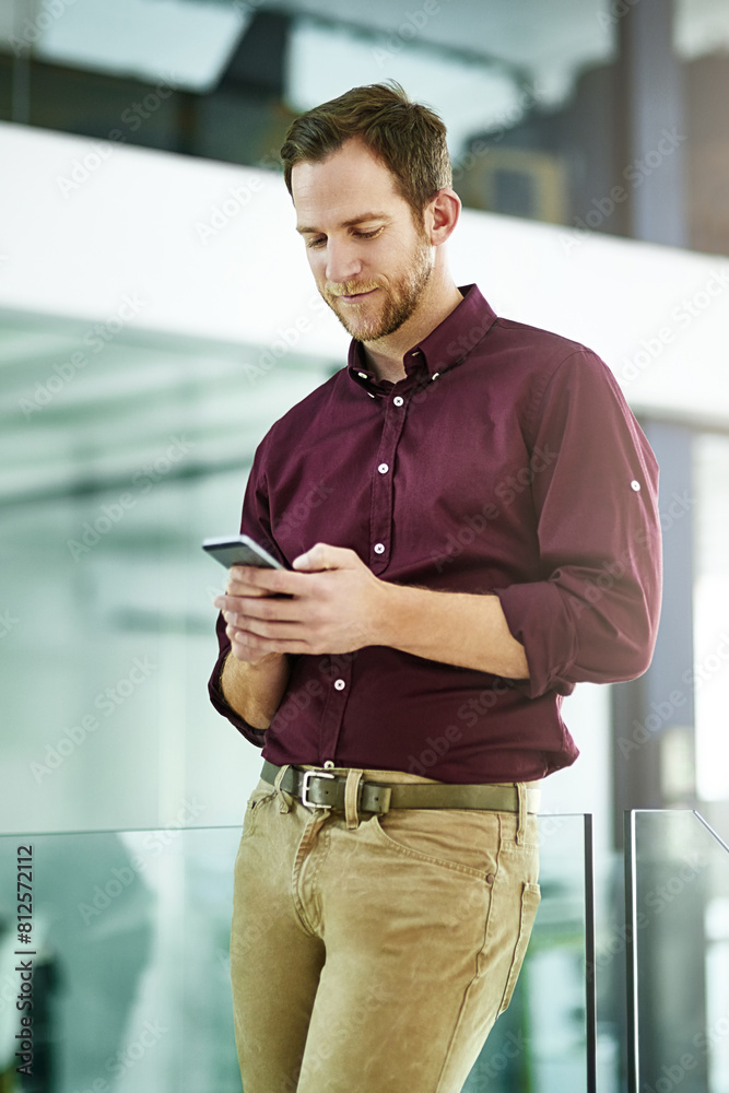 Poster businessman, chatting and typing with phone at office for networking, communication or sending messa