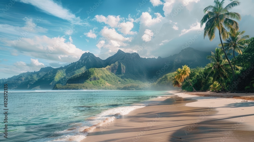 Poster beach with mountains on a tropical island