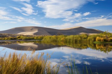 Fototapeta premium Experience the Wilderness at Bruneau Dunes State Park: A Hill of Sand, Water and Duck Pond Creates