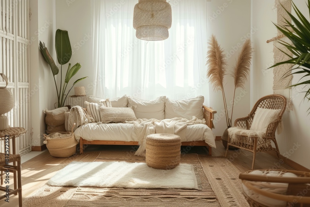 Poster Bright, cozy bohemian living room with natural elements and textiles