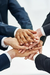 Business people, hands and stack for teamwork deal or corporate community, partnership or solidarity. Colleagues, pile and target goals with company trust as workforce, connection or opportunity
