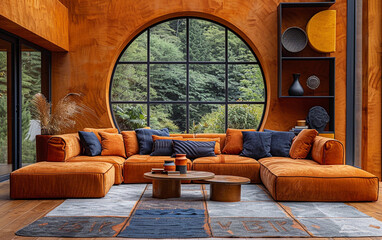 A living room with a large window and a round table. The room is decorated with orange furniture and a rug with a pattern of letters