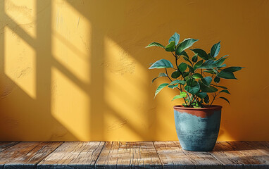 A potted plant sits on a wooden table in front of a yellow wall. The plant is green and has a few leaves. The sunlight is shining on the plant, creating a warm and inviting atmosphere