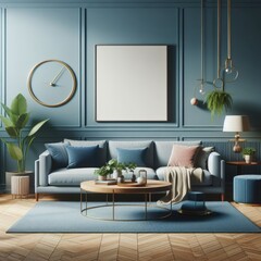 A living room with a template mockup poster empty white and with a blue couch and a coffee table attractive harmony lively.