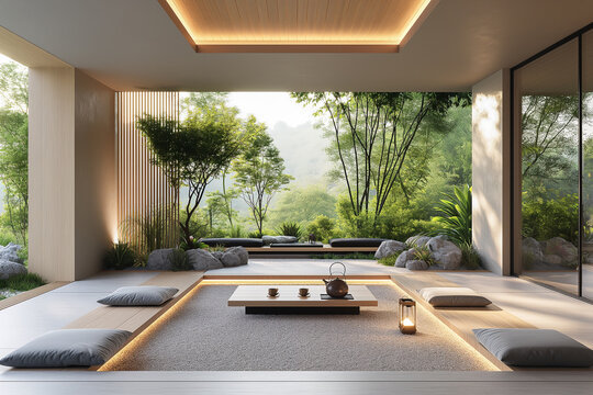 Minimalist interior design of modern living room, villa. Square coffee table and cushion.