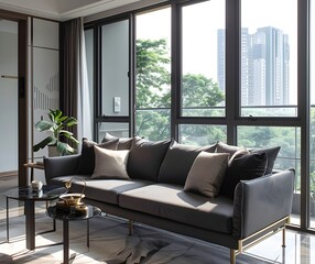  dark gray fabric three seater sofa with brass legs and straight armrests with built-in storage. Illusion lighting and black metal lines are on the back of an L shape coffee table.
