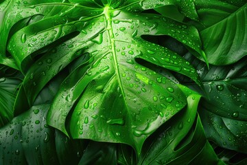 Fototapeta premium Tropical Green Monsterra Leaf Closeup for Wallpaper and Summer Backgrounds