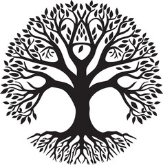 line art nature logo vector design oak tree inside circle, abstract tree logo symbol inside circle

