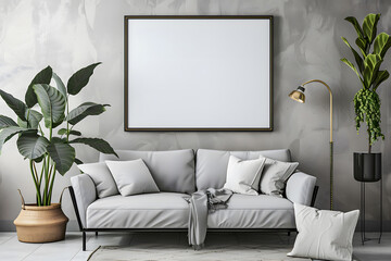 Mockup poster frame in minimalist modern interior background, 3d render. Generative Ai.
