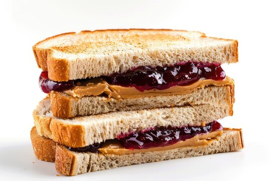 PBJ Sandwich on White Background - Delicious Peanut Butter and Jelly Lunch Meal with Bread Snack