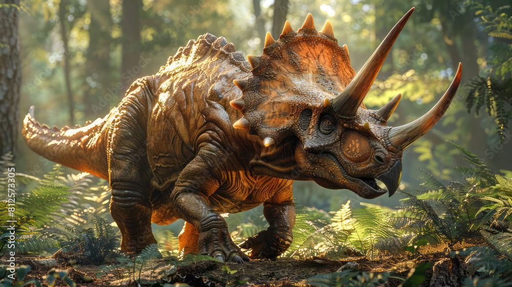 Wall mural hyper-realistic shot of a triceratops displaying its impressive array of horns and the distinctive b